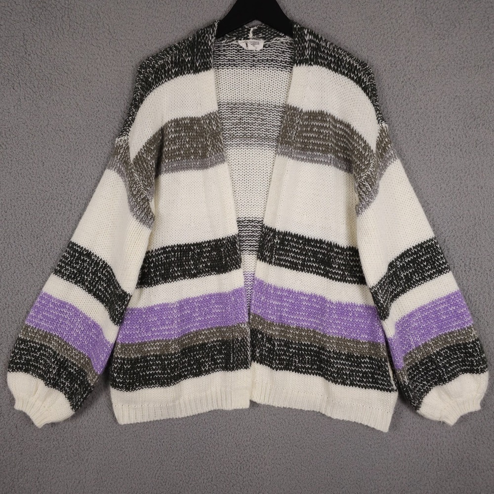 Candace Cameron Bure Sweater Women XS Purple Gray Striped Ballon Sleeve Cardigan